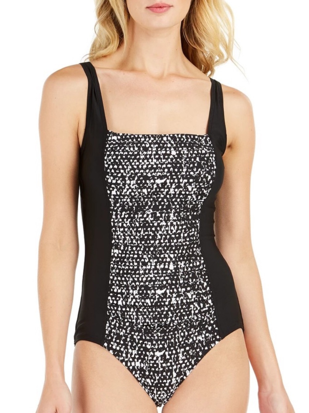 Calvin Klein Dot Print Shirred One Piece Swimsuit Bathing Suit Black White 14
